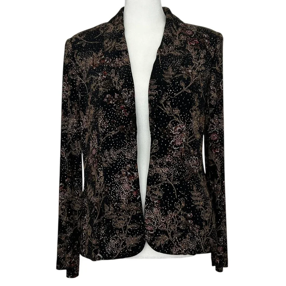 Alex Evenings Vintage Metallic Glitter Floral Design Open Front Jacket (S)